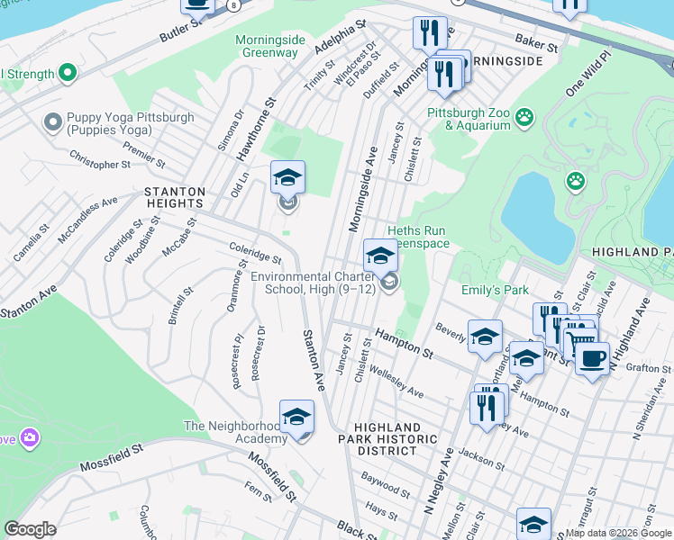 map of restaurants, bars, coffee shops, grocery stores, and more near 1156 Morningside Avenue in Pittsburgh