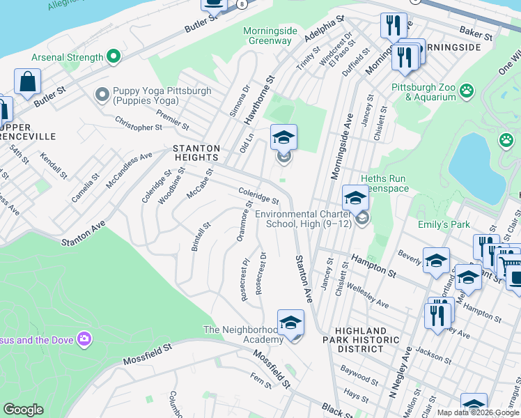 map of restaurants, bars, coffee shops, grocery stores, and more near 4815 Somerville Street in Pittsburgh