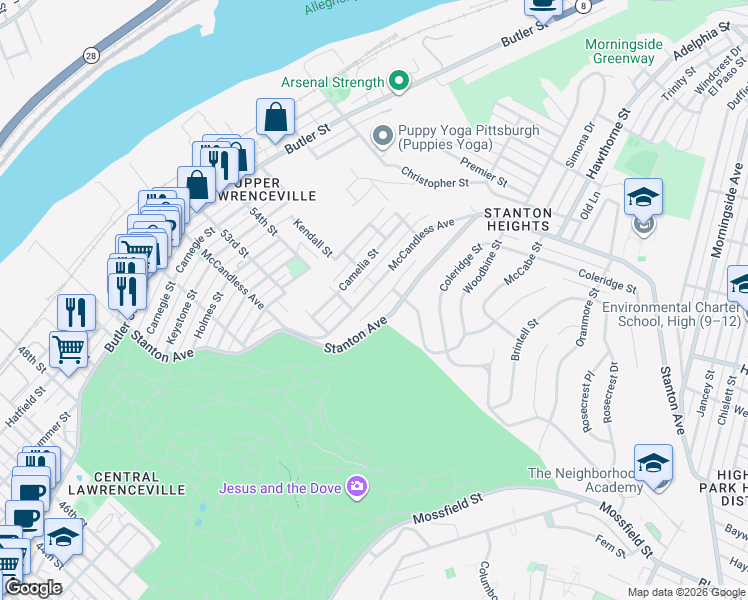 map of restaurants, bars, coffee shops, grocery stores, and more near 4241 Upview Terrace in Pittsburgh