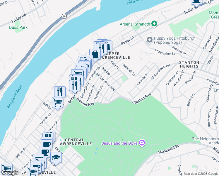 map of restaurants, bars, coffee shops, grocery stores, and more near 810 McCandless Avenue in Pittsburgh