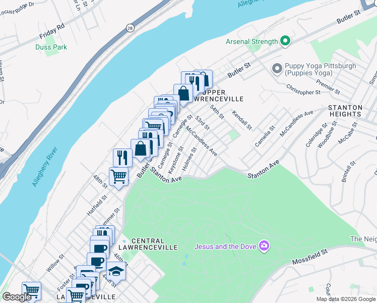 map of restaurants, bars, coffee shops, grocery stores, and more near 5217 Lotus Way in Pittsburgh