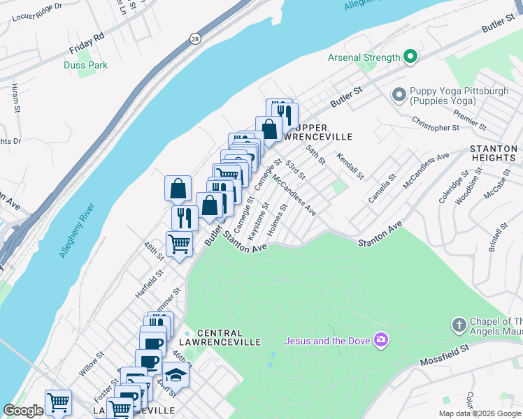 map of restaurants, bars, coffee shops, grocery stores, and more near in Pittsburgh
