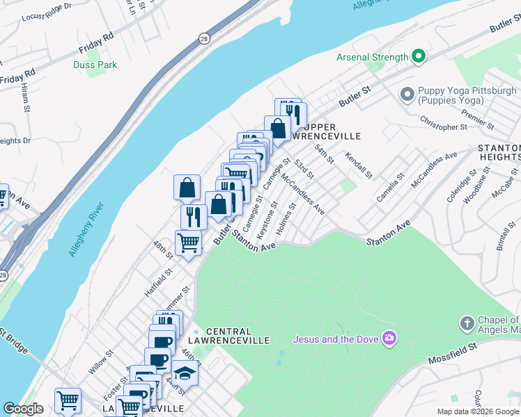 map of restaurants, bars, coffee shops, grocery stores, and more near in Pittsburgh