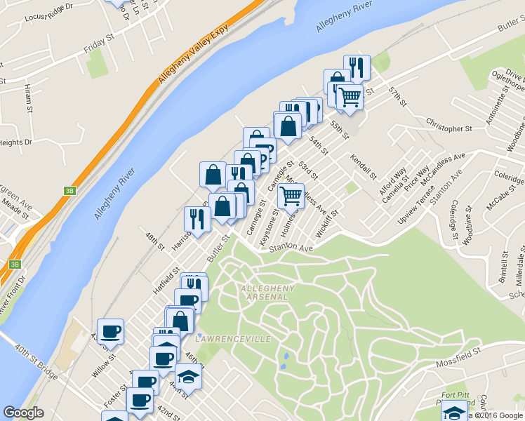 map of restaurants, bars, coffee shops, grocery stores, and more near 5145 Butler Street in Pittsburgh