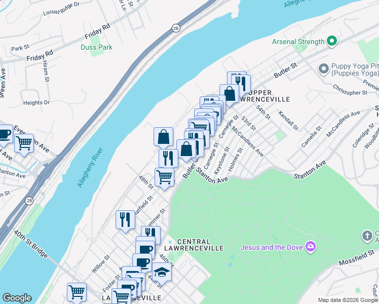 map of restaurants, bars, coffee shops, grocery stores, and more near 199 51st Street in Pittsburgh