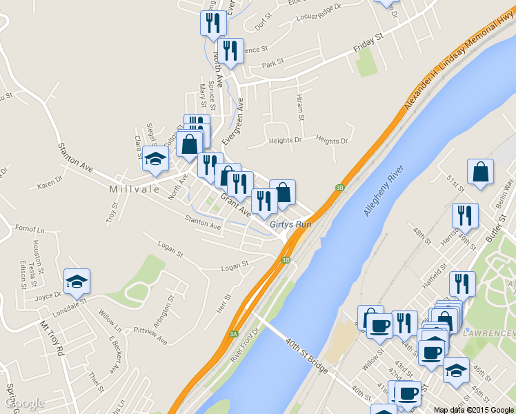 map of restaurants, bars, coffee shops, grocery stores, and more near 111 Sheridan Street in Pittsburgh