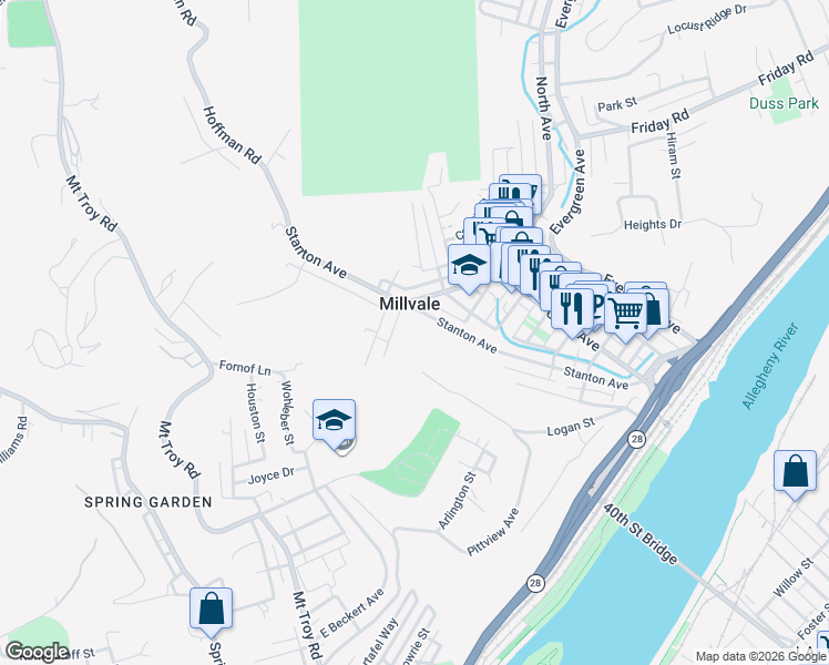 map of restaurants, bars, coffee shops, grocery stores, and more near 31 Spring Street in Millvale