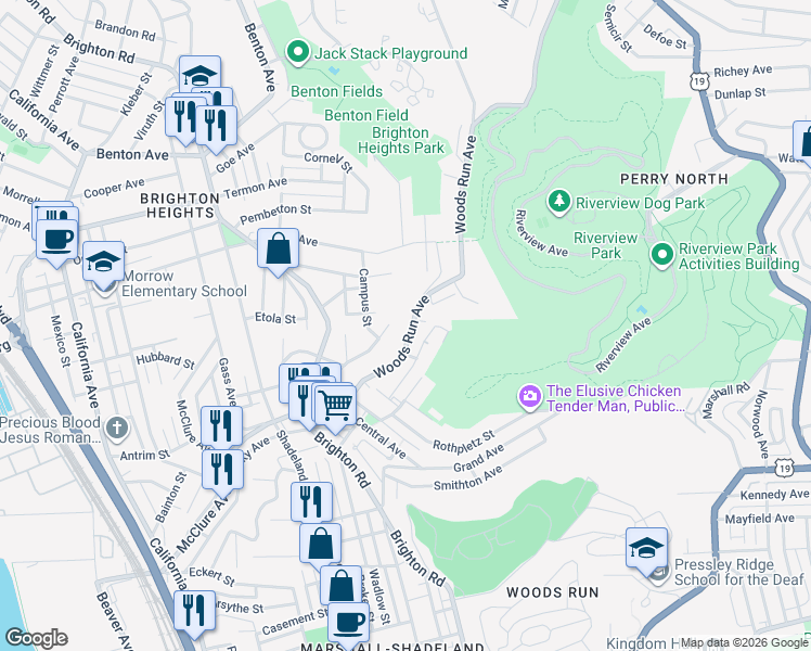 map of restaurants, bars, coffee shops, grocery stores, and more near 1014 Woods Run Avenue in Pittsburgh
