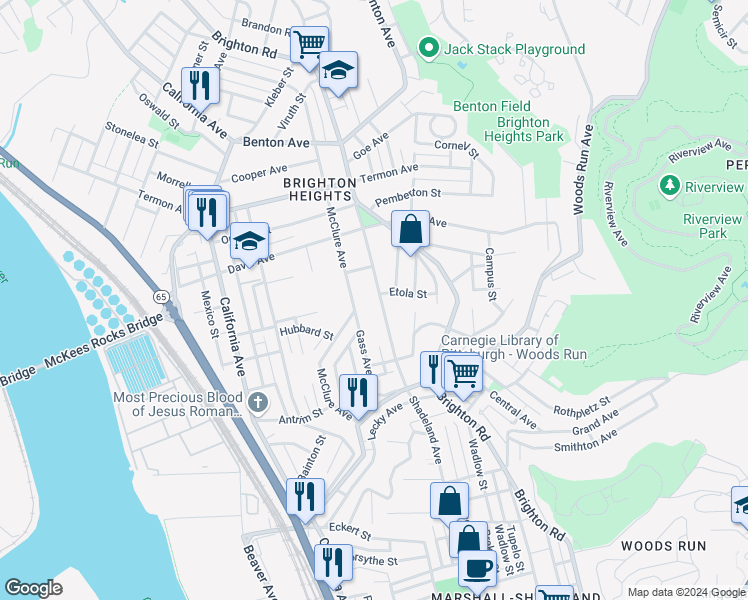 map of restaurants, bars, coffee shops, grocery stores, and more near 3466 Shadeland Avenue in Pittsburgh