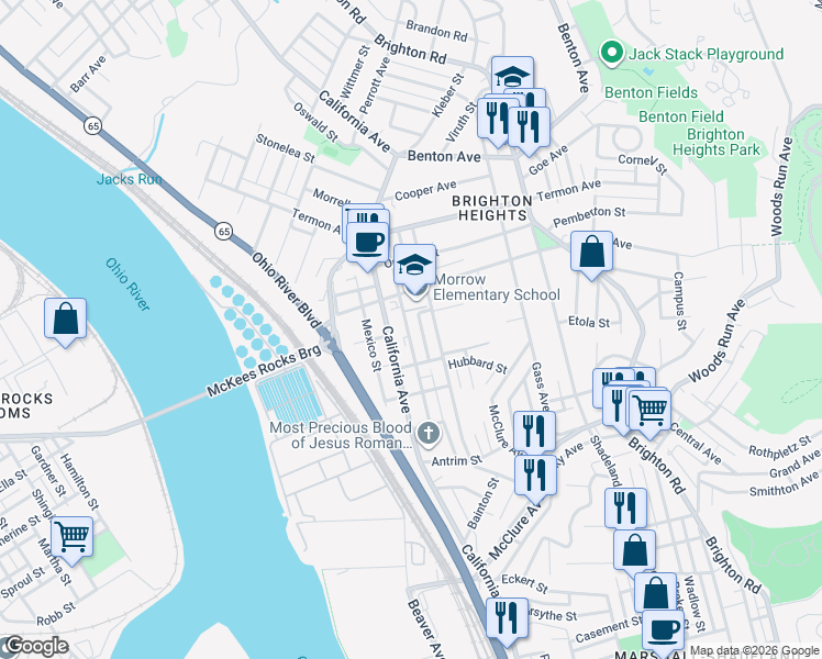 map of restaurants, bars, coffee shops, grocery stores, and more near 3528 Massachusetts Avenue in Pittsburgh