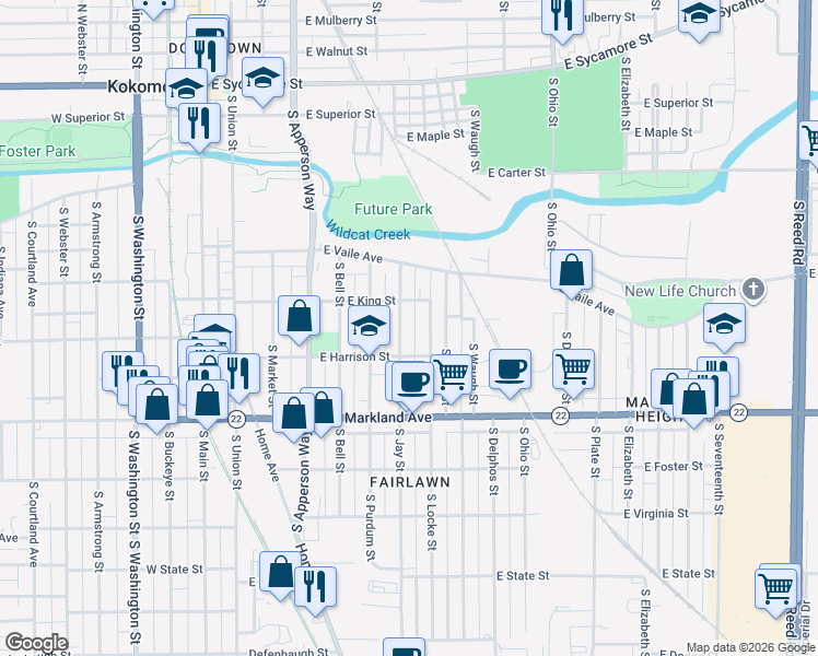 map of restaurants, bars, coffee shops, grocery stores, and more near 820 East Harrison Street in Kokomo