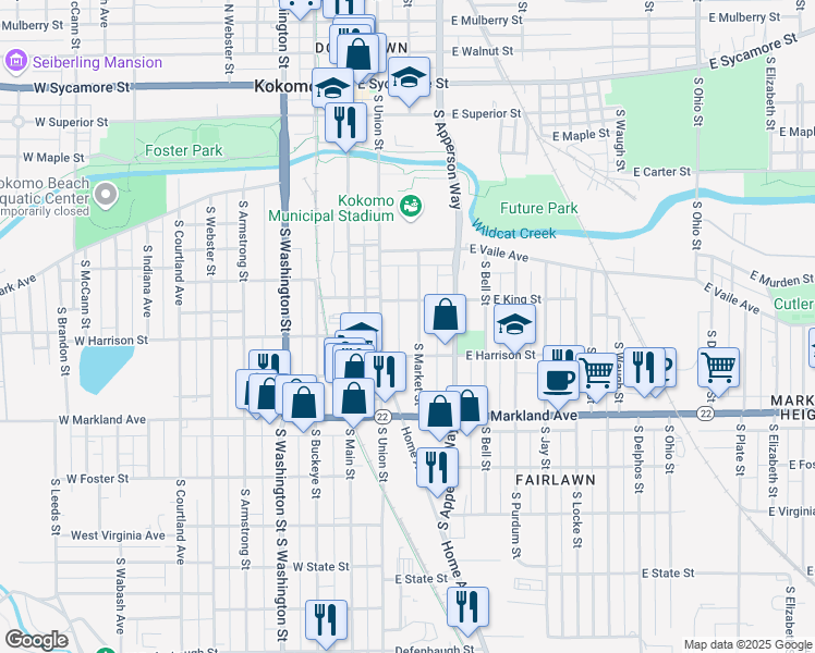 map of restaurants, bars, coffee shops, grocery stores, and more near 731 South Market Street in Kokomo