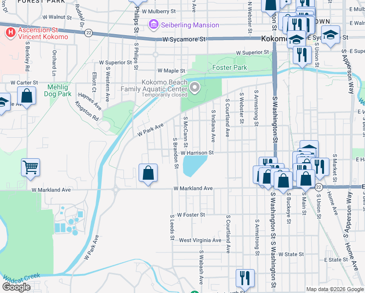 map of restaurants, bars, coffee shops, grocery stores, and more near 748 South Brandon Street in Kokomo