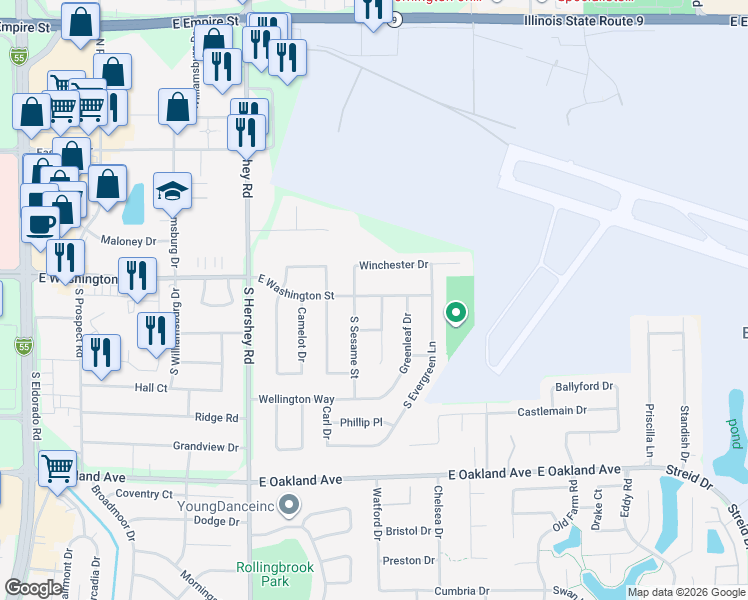 map of restaurants, bars, coffee shops, grocery stores, and more near 2901 East Washington Street in Bloomington