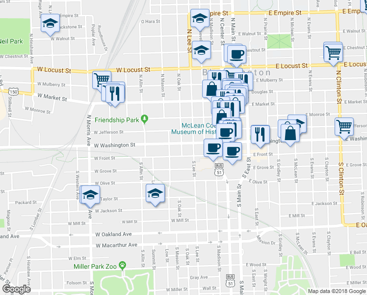 map of restaurants, bars, coffee shops, grocery stores, and more near 508 West Washington Street in Bloomington
