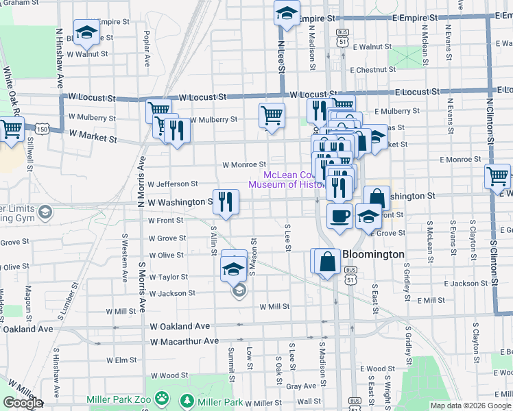 map of restaurants, bars, coffee shops, grocery stores, and more near 609 West Front Street in Bloomington