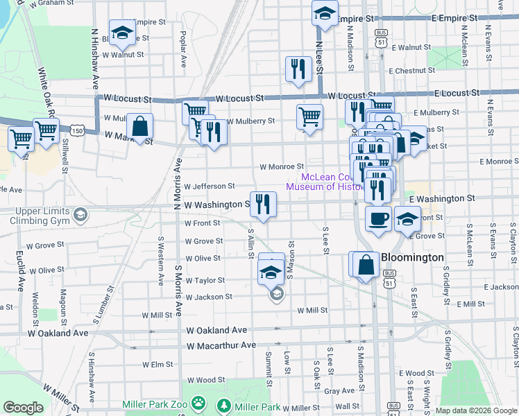 map of restaurants, bars, coffee shops, grocery stores, and more near 717 West Front Street in Bloomington