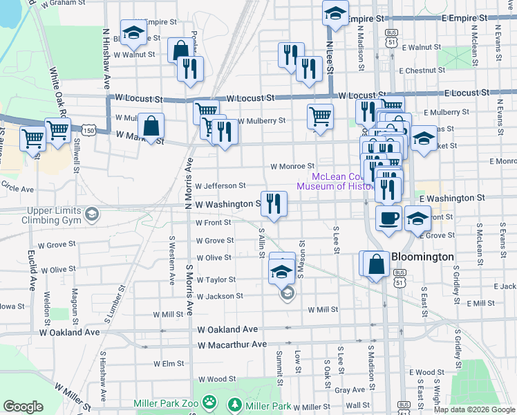 map of restaurants, bars, coffee shops, grocery stores, and more near 812 West Washington Street in Bloomington