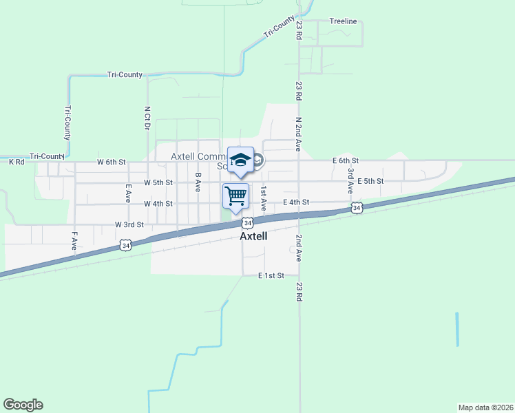 map of restaurants, bars, coffee shops, grocery stores, and more near 49 E 4th St in Axtell