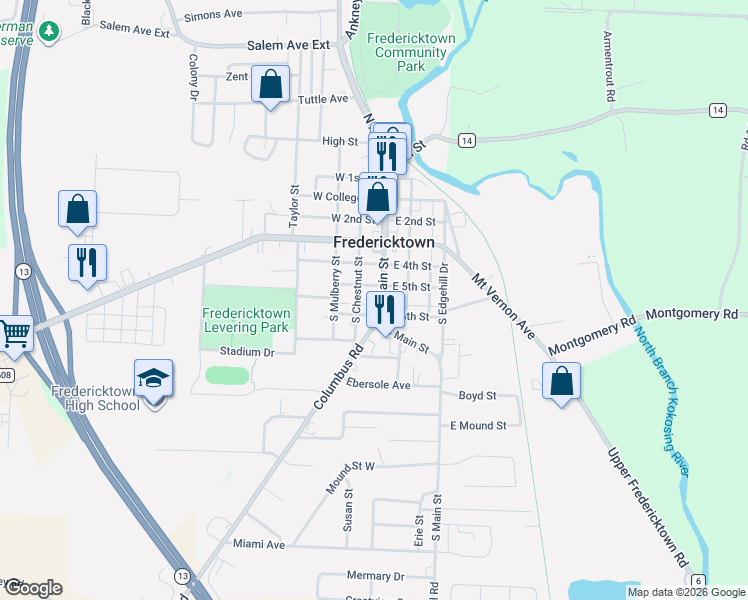 map of restaurants, bars, coffee shops, grocery stores, and more near 74 South Main Street in Fredericktown