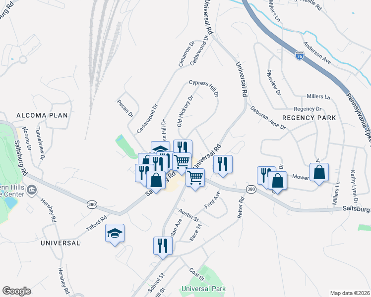 map of restaurants, bars, coffee shops, grocery stores, and more near 2931 Universal Road in Pittsburgh