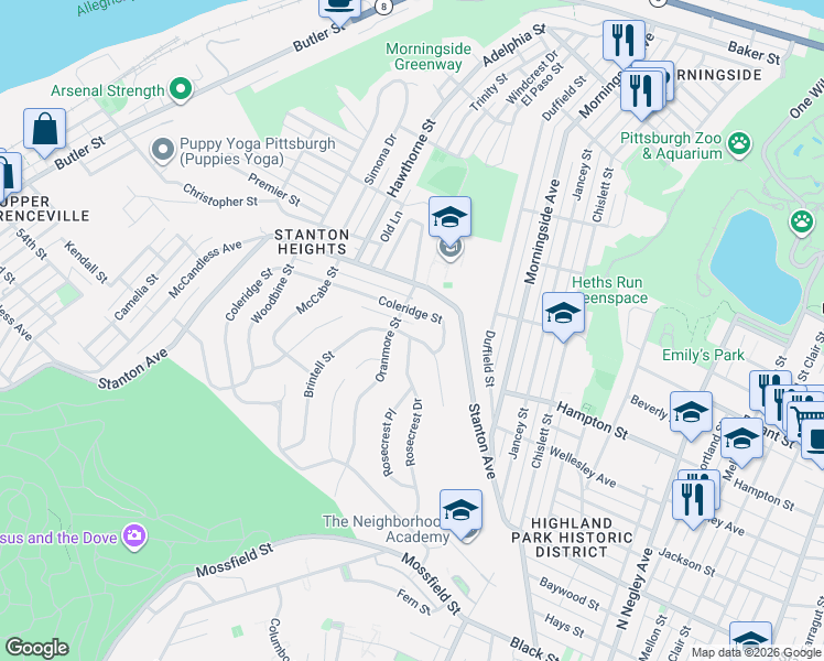 map of restaurants, bars, coffee shops, grocery stores, and more near 4815 Somerville Street in Pittsburgh