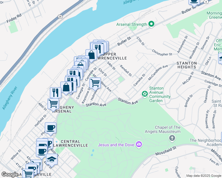 map of restaurants, bars, coffee shops, grocery stores, and more near 813 McCandless Avenue in Pittsburgh