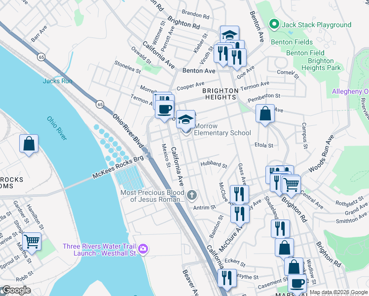 map of restaurants, bars, coffee shops, grocery stores, and more near 3528 Massachusetts Avenue in Pittsburgh