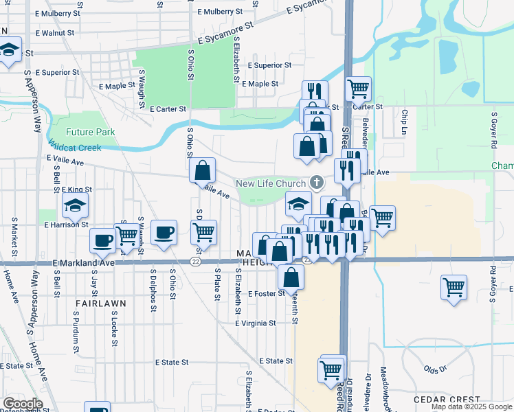 map of restaurants, bars, coffee shops, grocery stores, and more near South Calumet Street in Kokomo