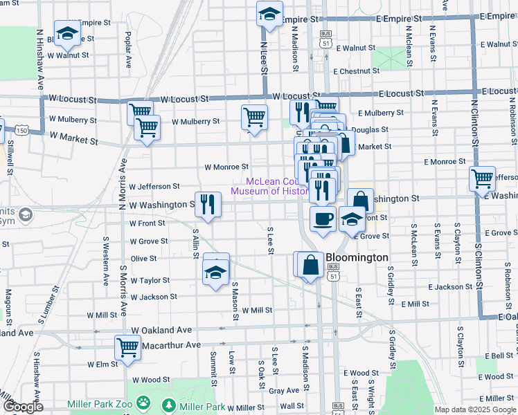 map of restaurants, bars, coffee shops, grocery stores, and more near 508 West Washington Street in Bloomington