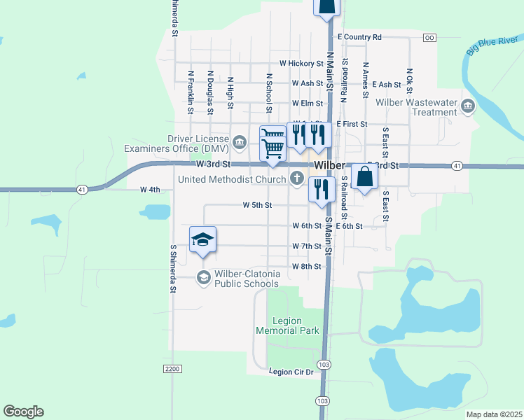 map of restaurants, bars, coffee shops, grocery stores, and more near 511 North School Street in Wilber