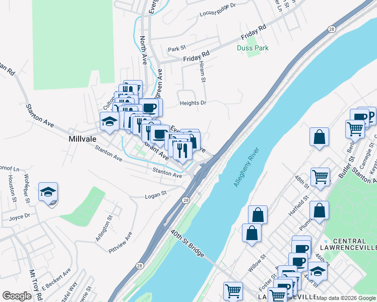 map of restaurants, bars, coffee shops, grocery stores, and more near 128 Lincoln Avenue in Millvale