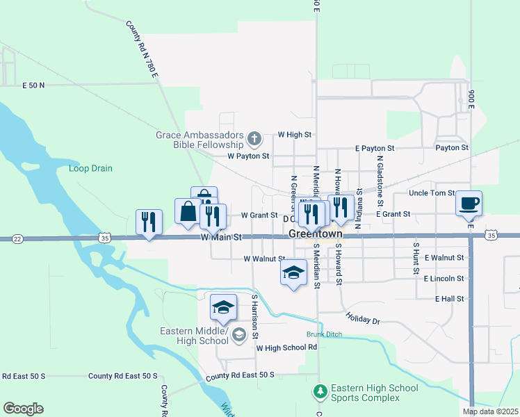 map of restaurants, bars, coffee shops, grocery stores, and more near 302 West Grant Street in Greentown