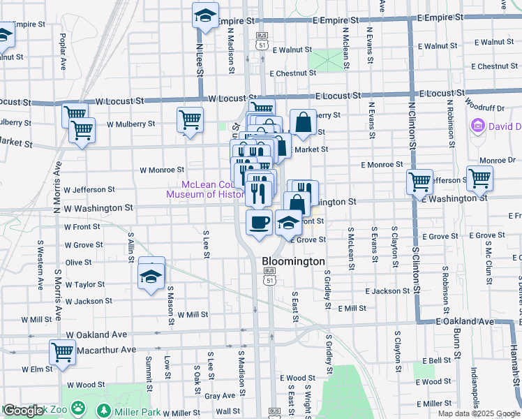 map of restaurants, bars, coffee shops, grocery stores, and more near in Bloomington