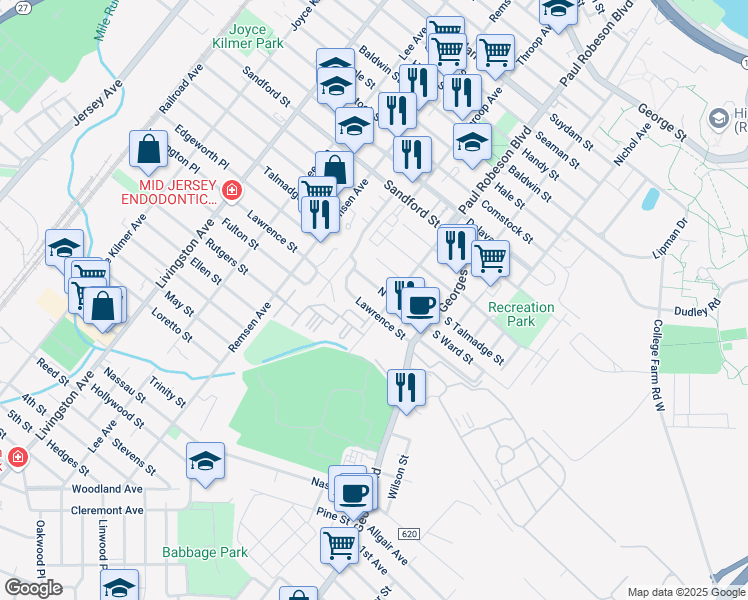 map of restaurants, bars, coffee shops, grocery stores, and more near 1226 Dogwood Court in New Brunswick