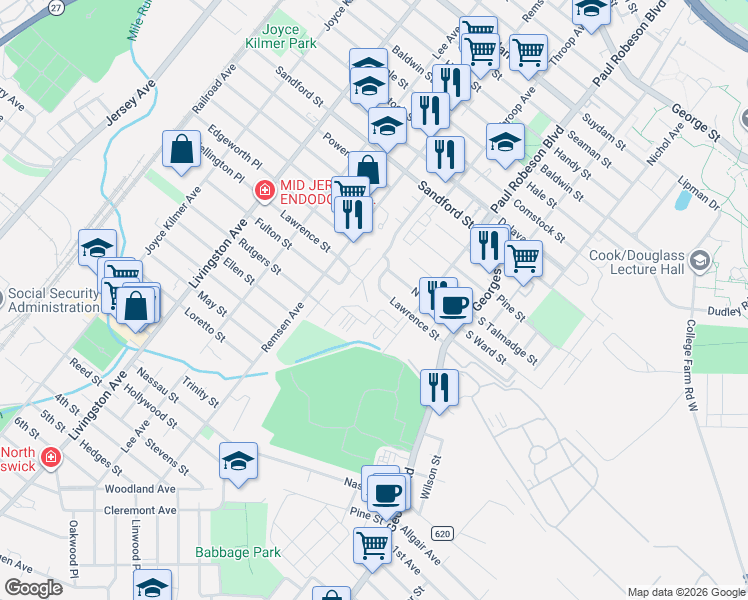 map of restaurants, bars, coffee shops, grocery stores, and more near 814 Cedar Court in New Brunswick