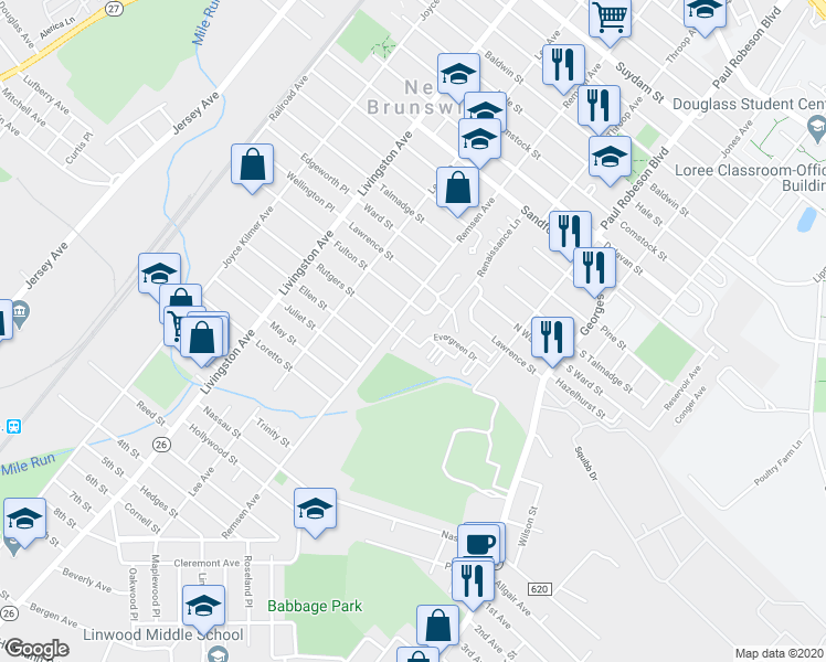map of restaurants, bars, coffee shops, grocery stores, and more near 402 Birch Court in New Brunswick