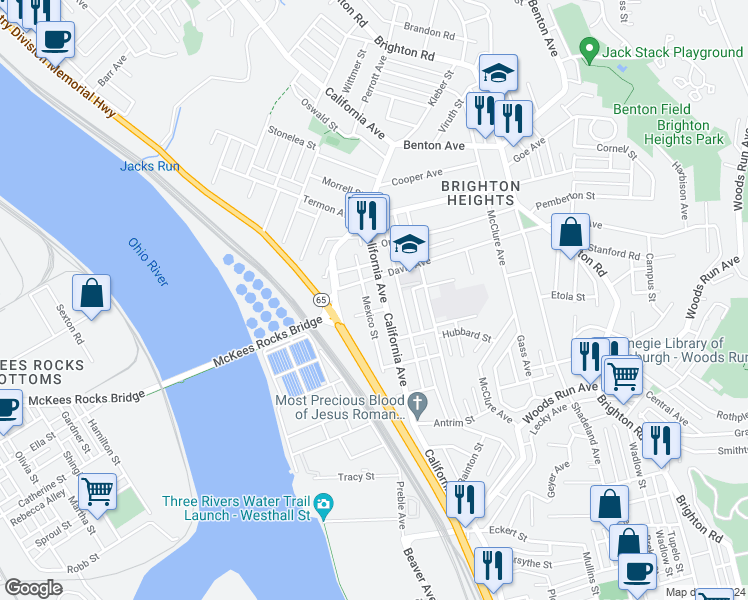 map of restaurants, bars, coffee shops, grocery stores, and more near 1800 Fairlee Street in Pittsburgh