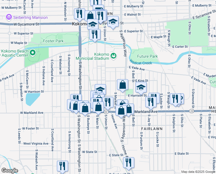 map of restaurants, bars, coffee shops, grocery stores, and more near 725-729 South Union Street in Kokomo