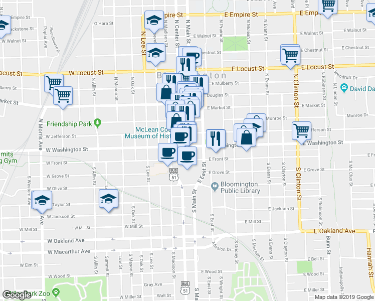 map of restaurants, bars, coffee shops, grocery stores, and more near in Bloomington