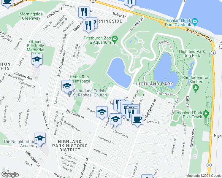 map of restaurants, bars, coffee shops, grocery stores, and more near 1419 North Negley Avenue in Pittsburgh