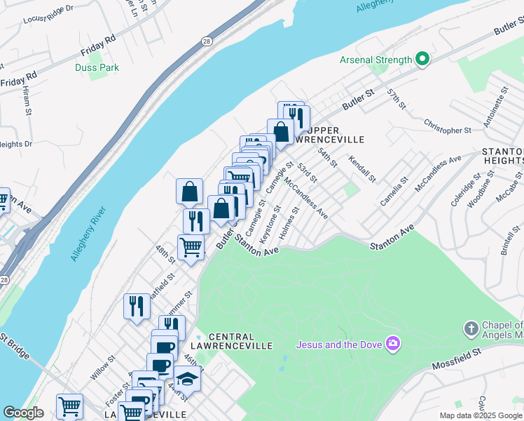 map of restaurants, bars, coffee shops, grocery stores, and more near 5145 Butler Street in Pittsburgh