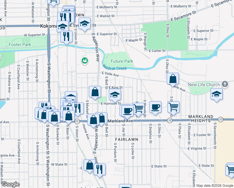 map of restaurants, bars, coffee shops, grocery stores, and more near 720 South Purdum Street in Kokomo