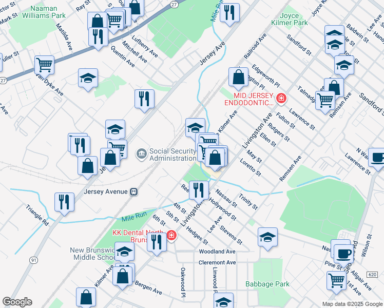 map of restaurants, bars, coffee shops, grocery stores, and more near 631 Joyce Kilmer Avenue in New Brunswick