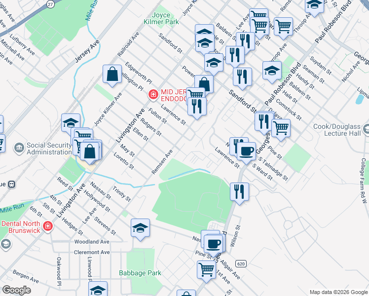 map of restaurants, bars, coffee shops, grocery stores, and more near 402 Birch Court in New Brunswick
