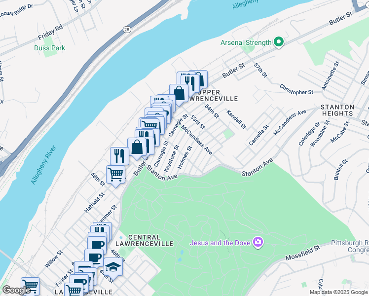 map of restaurants, bars, coffee shops, grocery stores, and more near 5210 Kent Way in Pittsburgh