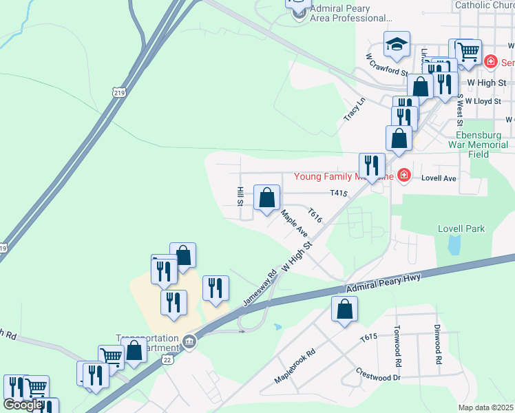 map of restaurants, bars, coffee shops, grocery stores, and more near 2 Spring Street in Ebensburg