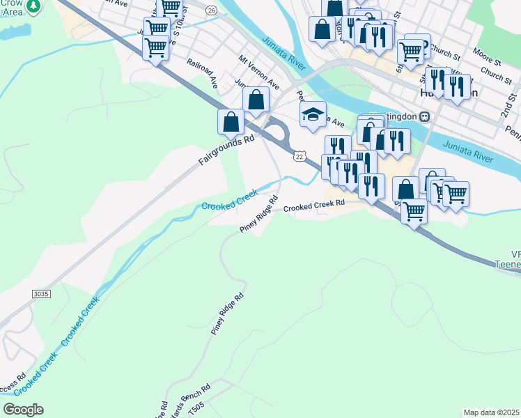 map of restaurants, bars, coffee shops, grocery stores, and more near 10262 Piney Ridge Road in Huntingdon