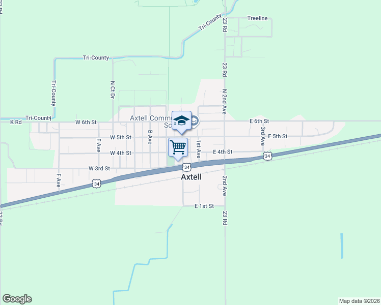 map of restaurants, bars, coffee shops, grocery stores, and more near 49 E 4th St in Axtell