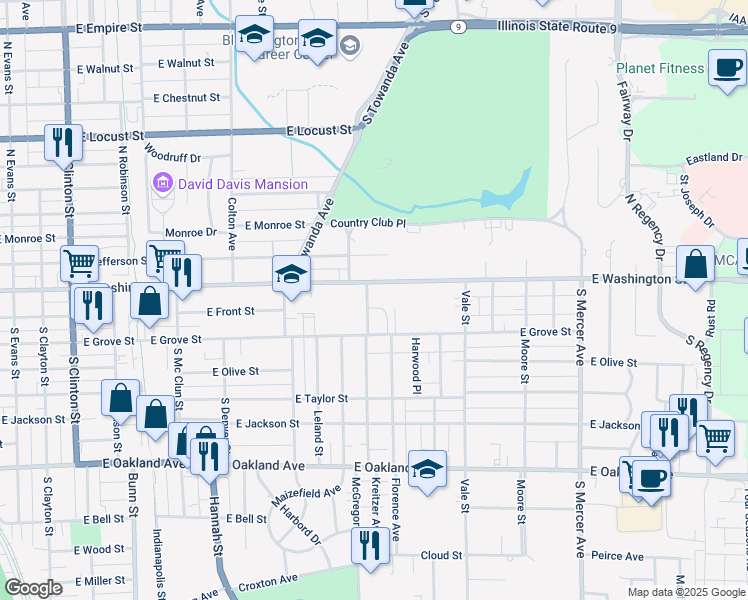 map of restaurants, bars, coffee shops, grocery stores, and more near 1306 East Grove Street in Bloomington